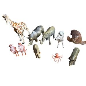 Safari Ltd Vintage Animal Figurine Lot Giraffe Elephant Rhino Zebra 9pc Set